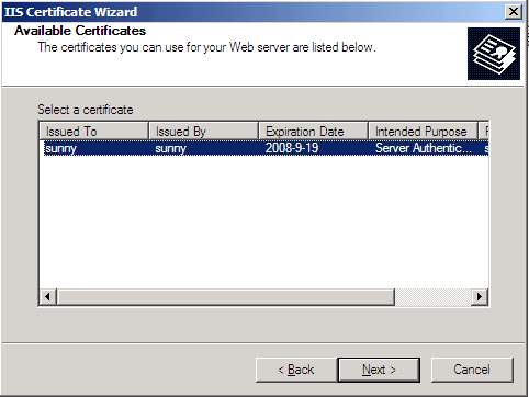 IIS Certificate Wizard, Select a certificate