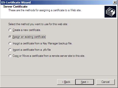 IIS Certificate Wizard, Assign an existing certificate