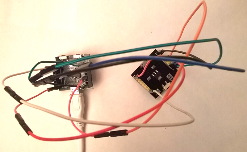 Witty Cloud top and bottom PCBs connected with 6 dupont wires for flashing