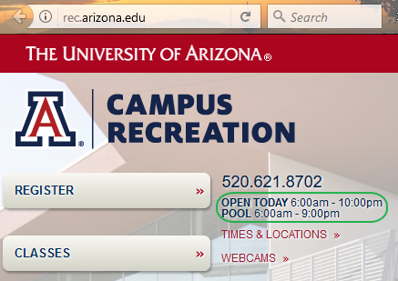 Campus Rec homepage hours display