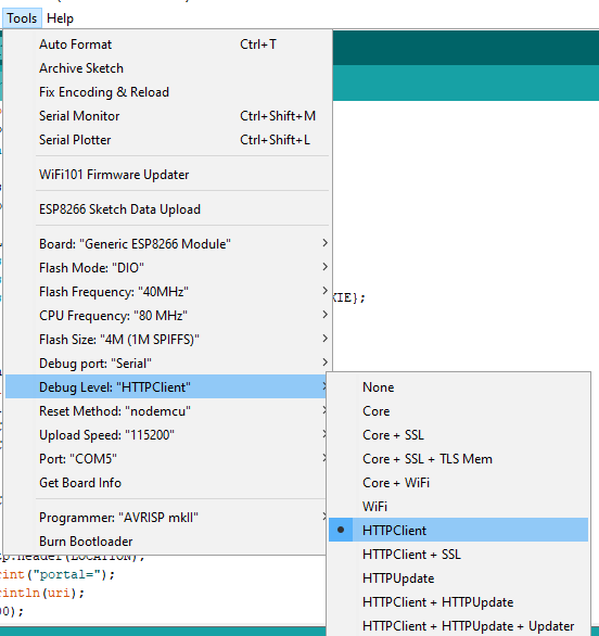 Arduino IDE debug menu