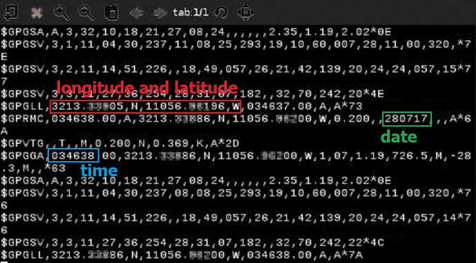NMEA sentences read from GPS receiver