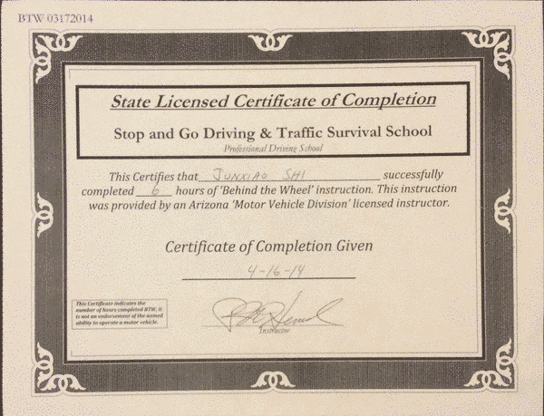 Certificate of Completion from Stop and Go Driving School