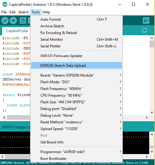 Arduino ESP8266 Sketch Data Upload menu option