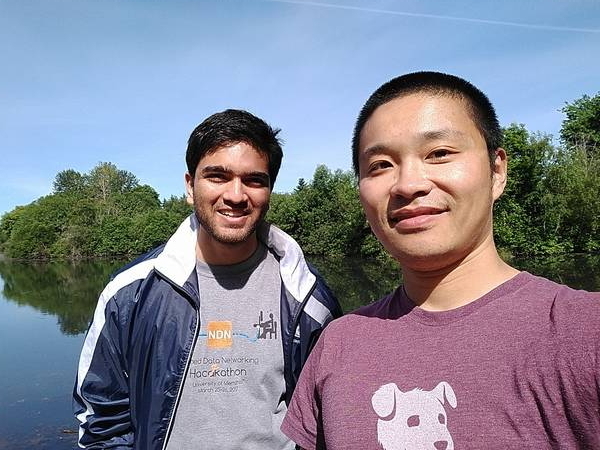 Junxiao and Ashlesh at Commonwealth Lake Park in Portland