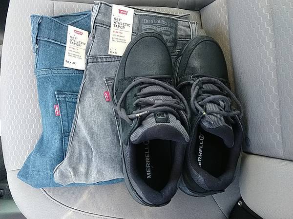 Merrell hiking shoes and two pairs of Levi 541 jeans