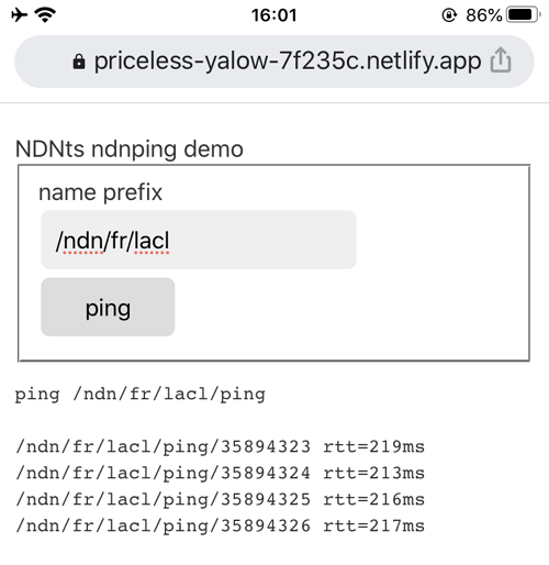 NDNts ndnping demo screenshot on a mobile browser