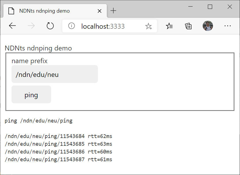 NDNts ndnping demo screenshot on a desktop browser